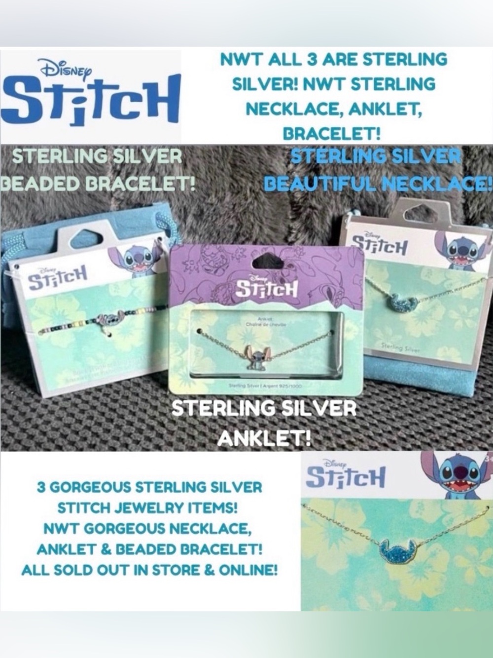 NWT! STITCH STERLING ANKLET & NECKLACE W/BEADED BRACELET! BUNDLE 4 A DEAL!